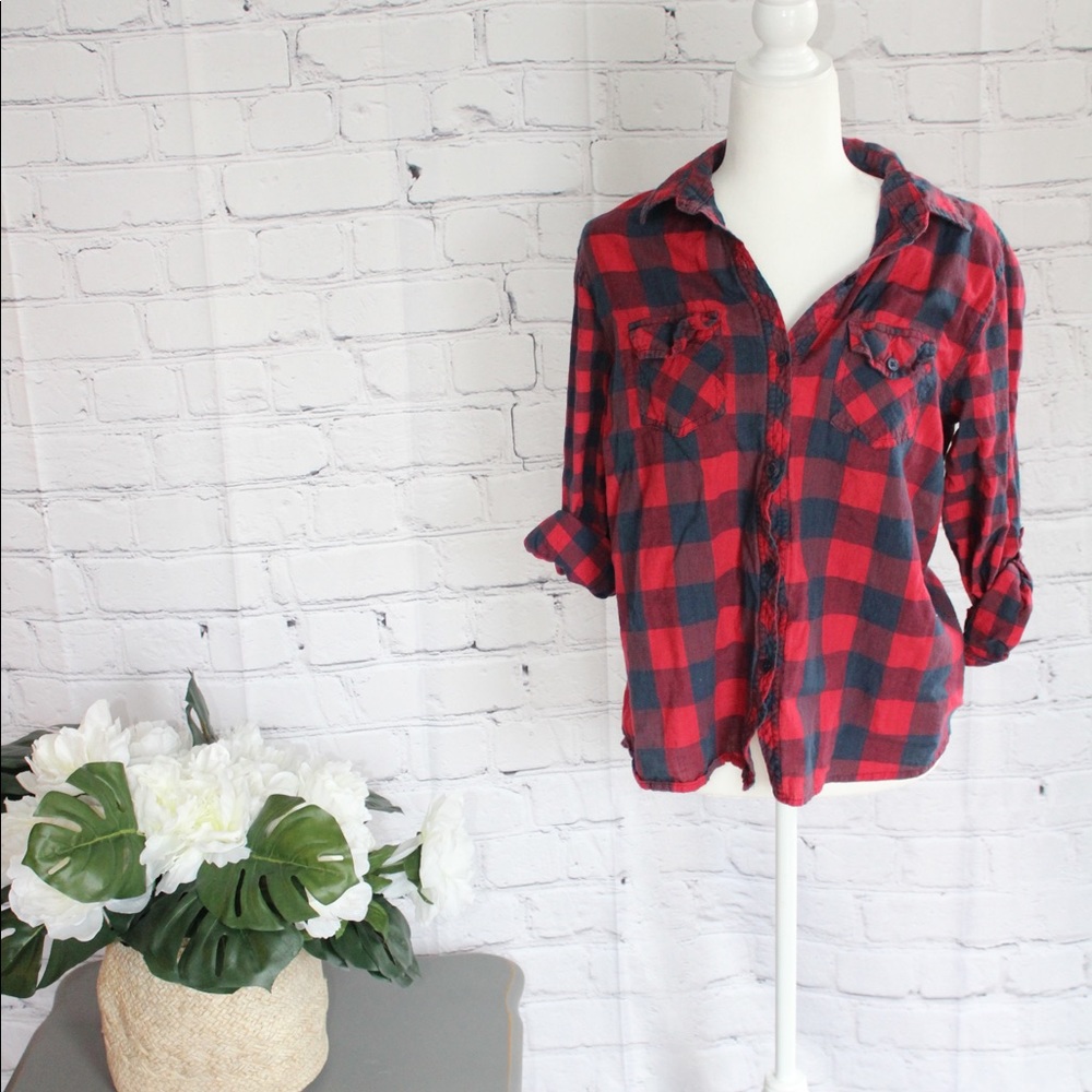 Passport Red & Blue Plaid Roll-Tab Sleeve Blouse